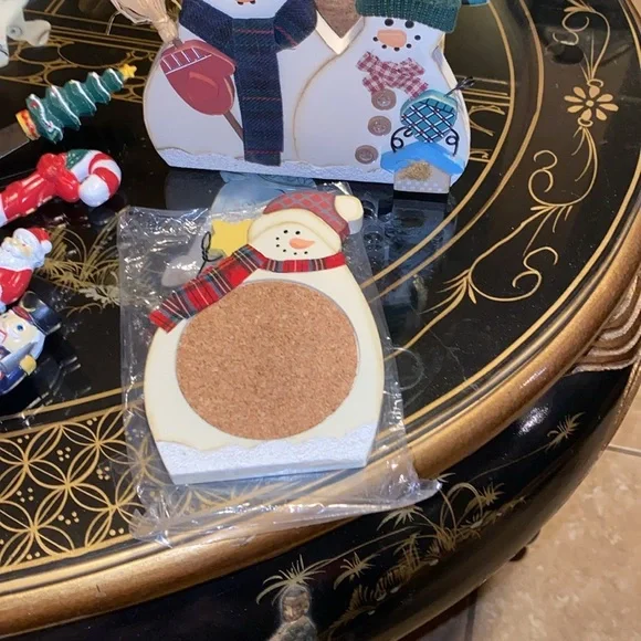 Vintage Christmas Cheese Knives 4 Wooden Painted Snowman Coaster Set 6 w/Holder - Picture 2 of 8